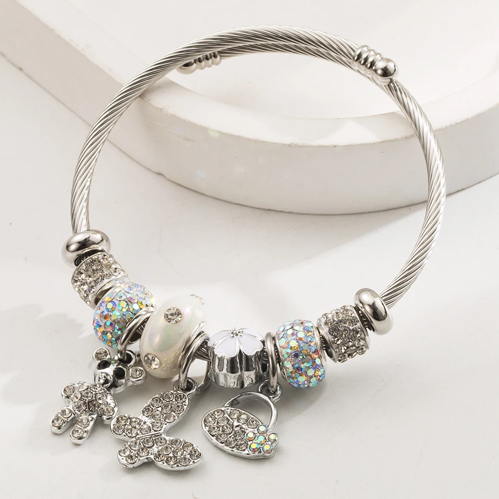 Panjiaduola Silver Stainless Steel Bracelet Butterfly Bear Ballet Girls Alloy Accessories Diamond Set Exquisite Bracelet