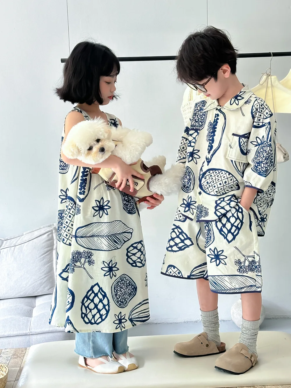 Summer Brother And Sister Clothes Fashion Print Girls Dress Kids Boys Shirts Shorts 2Pcs Set Children's Sibling Vacation Outfits