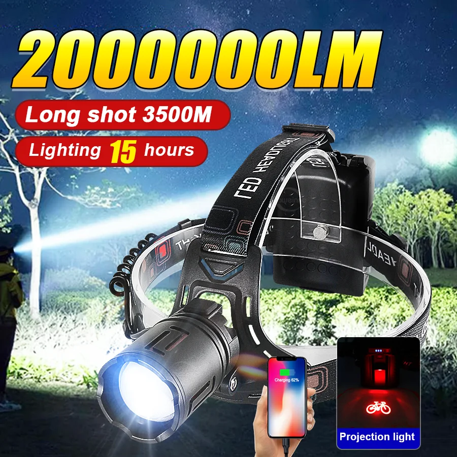 

2000000LM Most Powerful Led Headlight 800W LED Strong Light Head Flashlight Rechargeable Zoom Headlamp Spotlight Hunting Fishing
