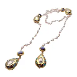 Y.YING Cultured White Rice Pearl Larimar Purple Murano Glass Long Rosary Chain Necklace