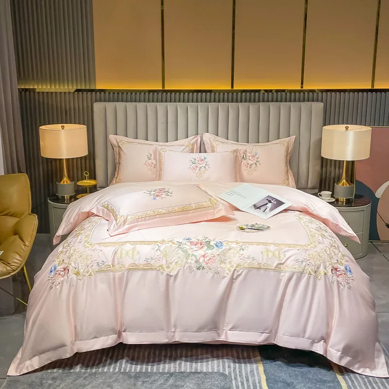 Flowers Embroidery Luxury European Palace Style Bedding Set Egyptian Cotton Duvet Cover Bed Sheet/Fitted Sheet Pillowcases 4Pcs