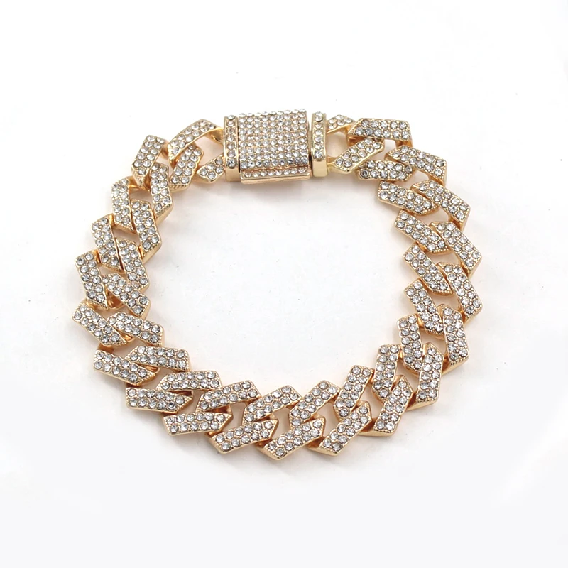 Hip Hop 15MM Rhinestone Prong Iced Out Cuban Link Chain Bracelet Men Women Silver Gold Color Rhombus Cuban Bracelets Jewelry