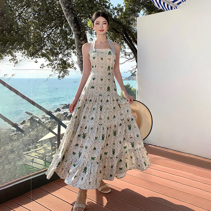Sleeveless Halter Printed Dress Women Summer Seaside Vacation Backless Long Dresses
