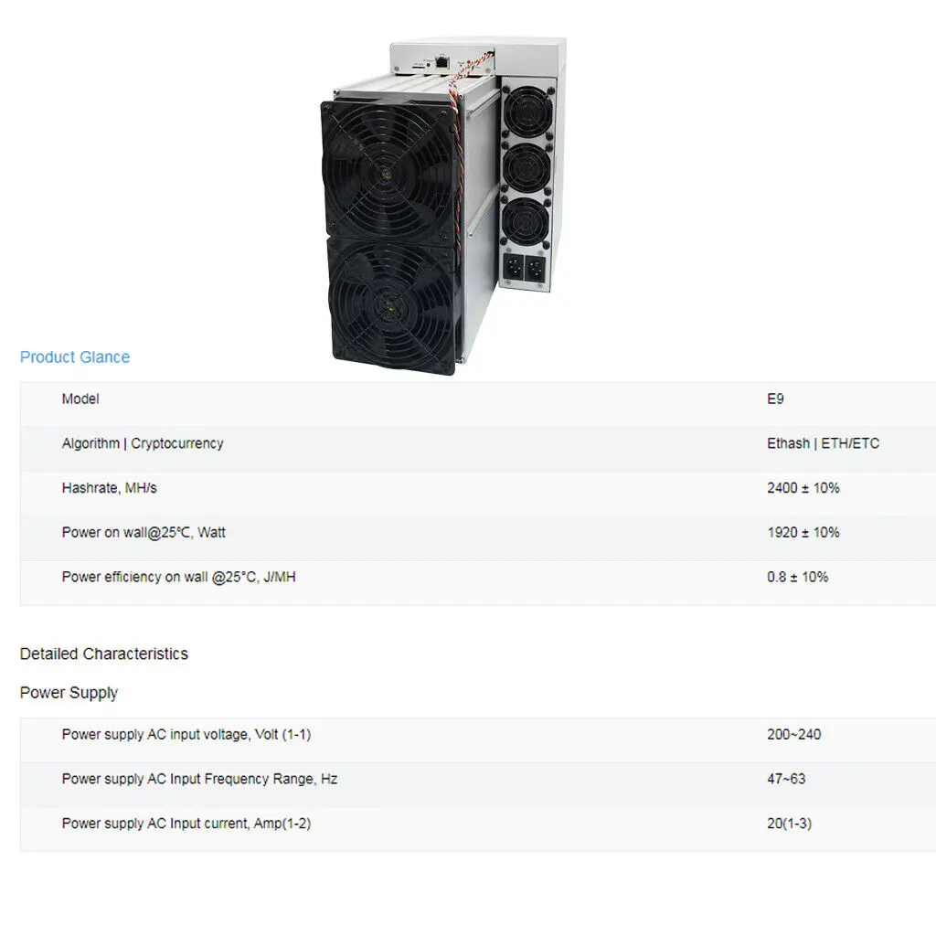 اشتري 2 واحصل على 1 مجانًا جديد Bitmain Antminer E9 Pro 3680Mh/s±10% 2200W ETC Asic Miner 3.68Gh/s