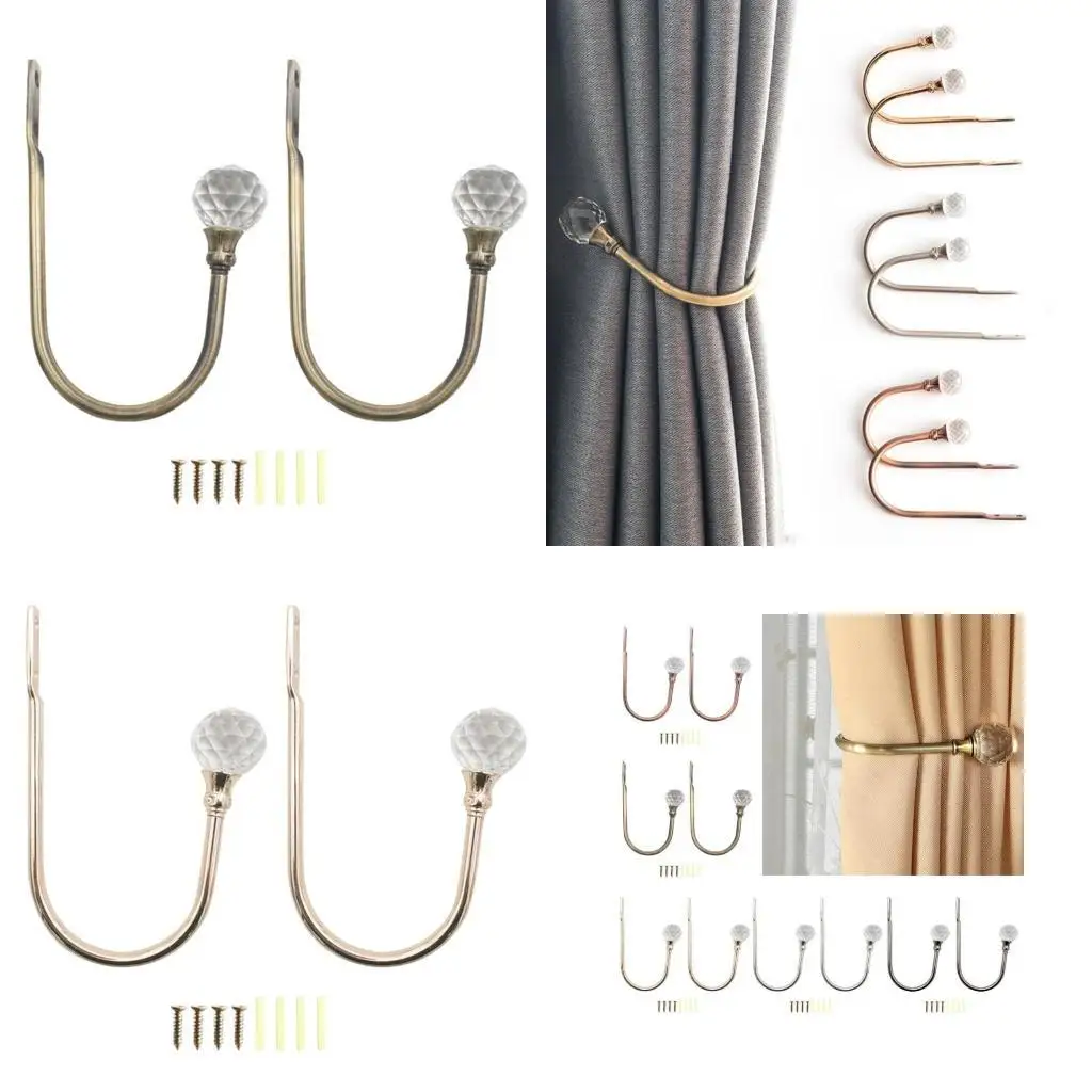

652F 2Pcs U Crystal Curtain Tieback Multifunction Hangable Wall Hook for School Office Window Wall Door Curtain Decor