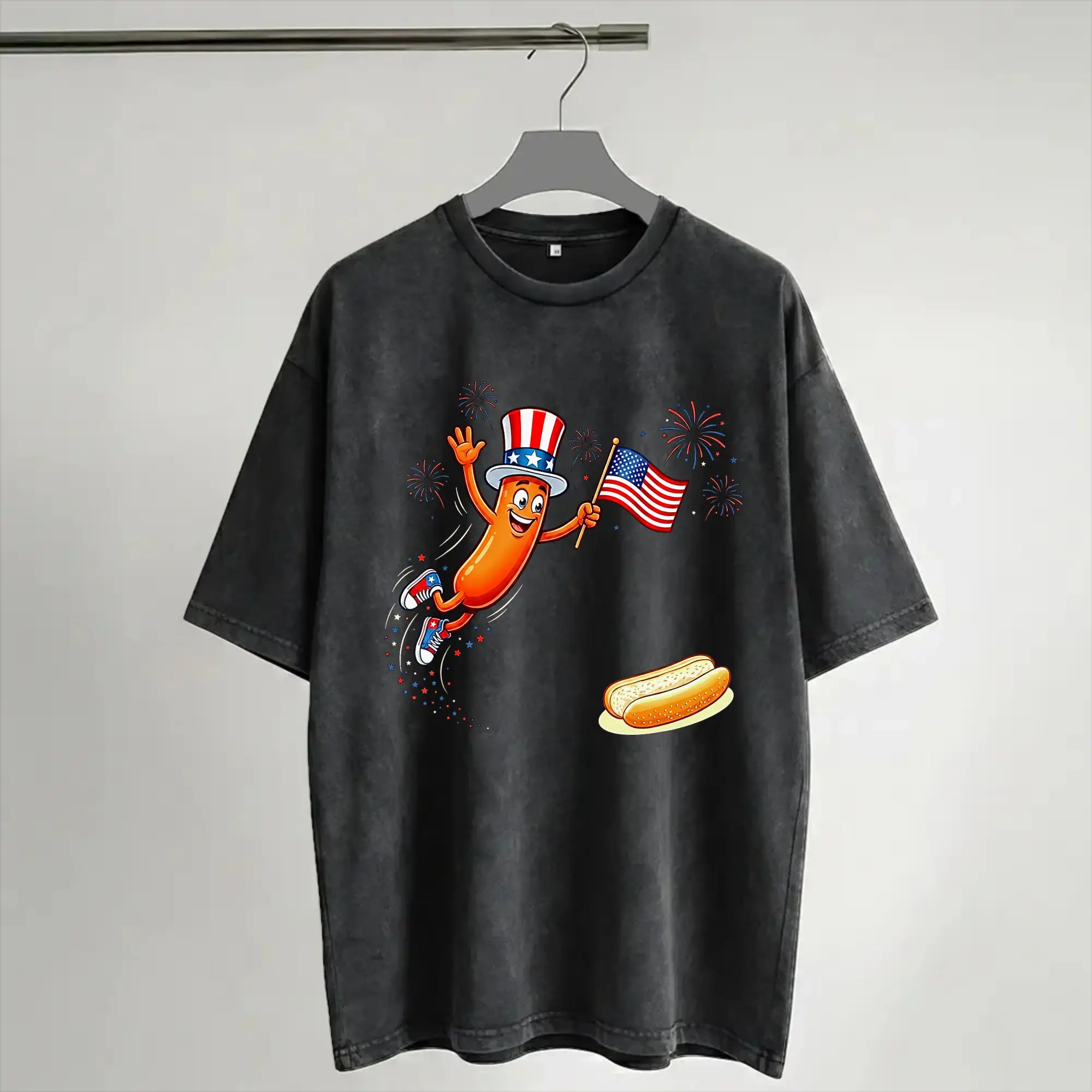 Hotdog Freedom Dive Funny Hot Dog Jumping Into Bun  Washed T Shirts Streetwear Hip Hop Casual T-Shirts  Tees Men Women