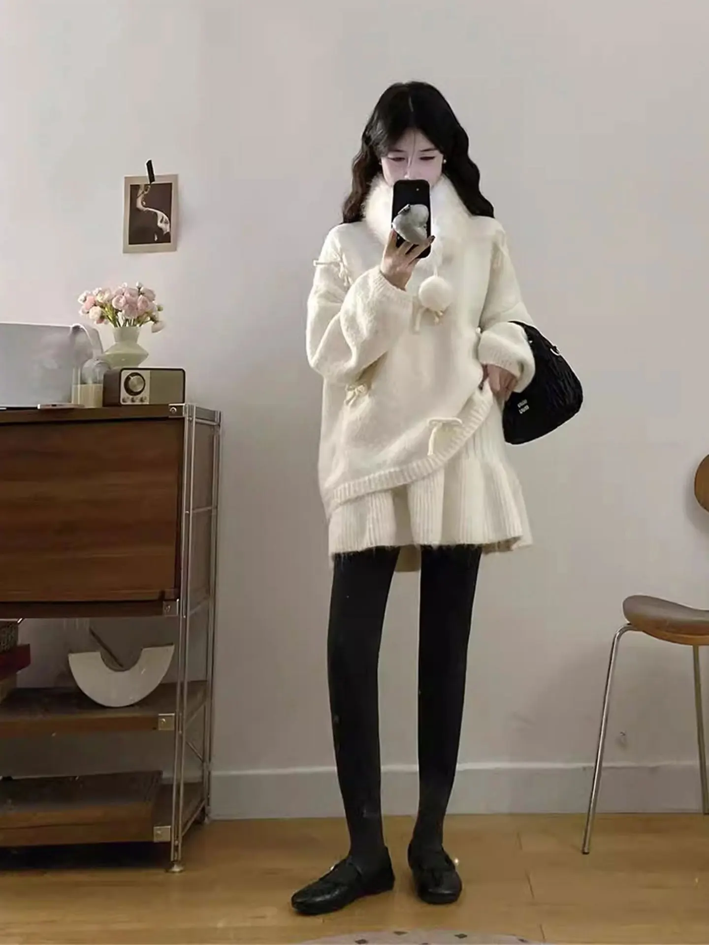 

Winter Thiened Knitted Set Women's Large Size Faionable Small Fraance Sle f-length Skirt with Fur Collar Tee-pie...