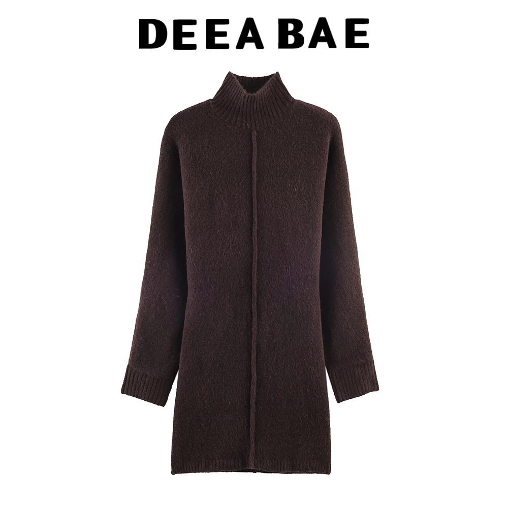 DEEABAE 2025, Winter Neue Damenmode, Einfaches Stehkragen, Langarm, weiches gestricktes kurzes Kleid