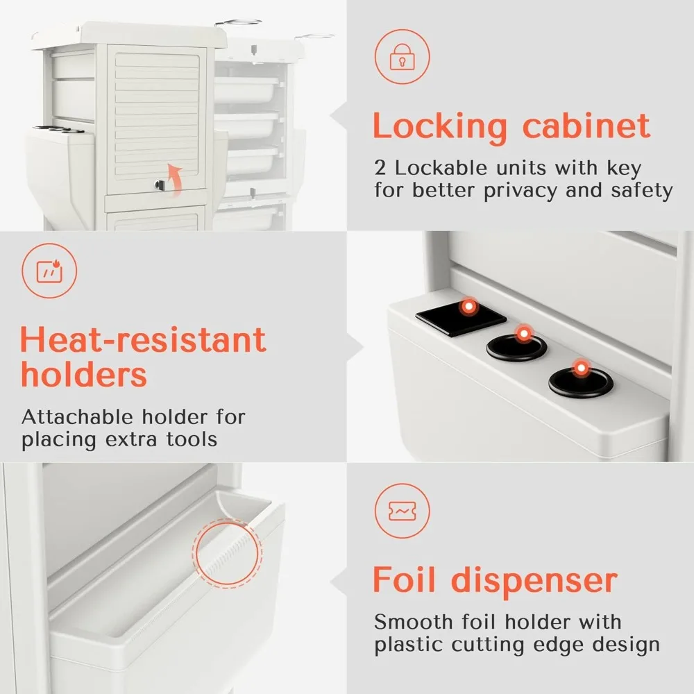 عربة ترولي صالون مع قفل، 6 صواني قابلة للقفل + 2 حامل، عربة تخزين دوارة لصالون الشعر، التجميل، محطة الحلاقة