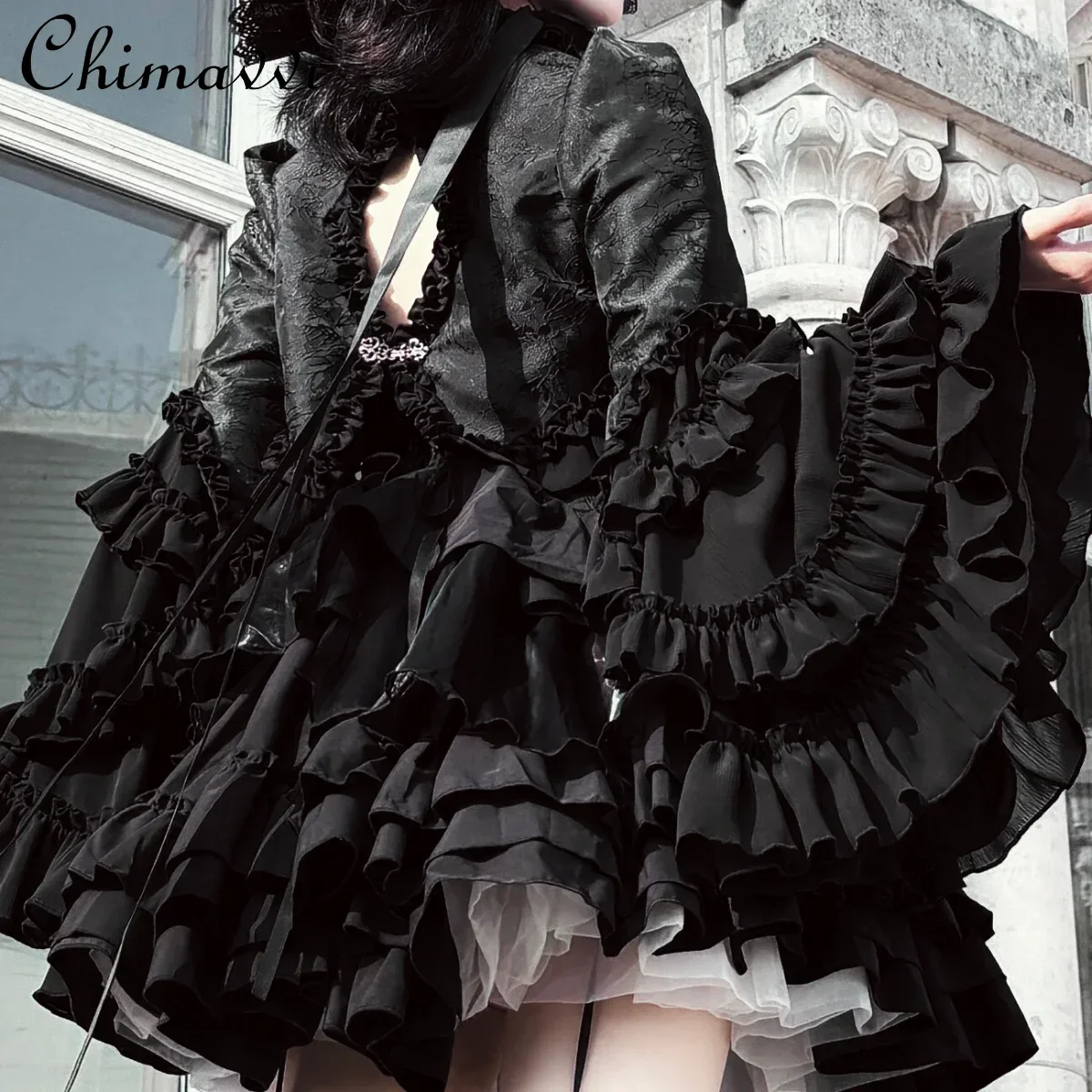 Gothic Style Dark Black and White Vest Coat New 2024 Autumn Heavy Industry Ruffled Edge Horn Sleeve Short Lolita Coats Women Top