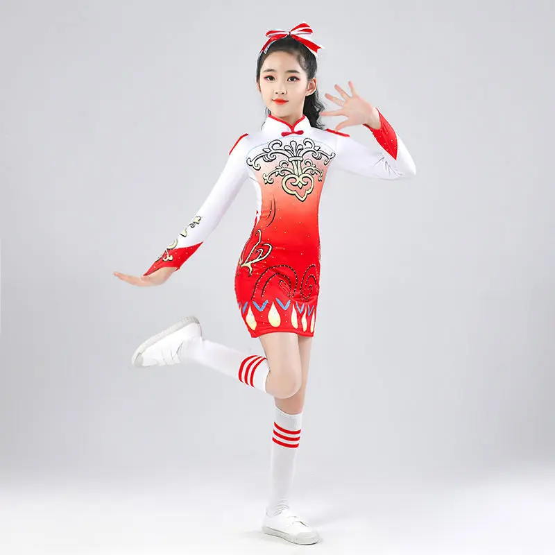 Girls Cheerlead Dance Costumes Flash Drill Women Dress Cheerleading Uniform Chinese Style Printi Aerobics Gymnastics Show Costum