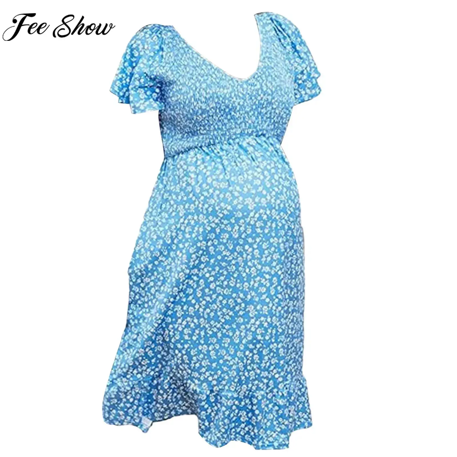 

Pregnant Women Summer Casual Loose Plus Size Boho Dress V Neck A-Line Print Midi Frock for Maternity Baby Shower Photography