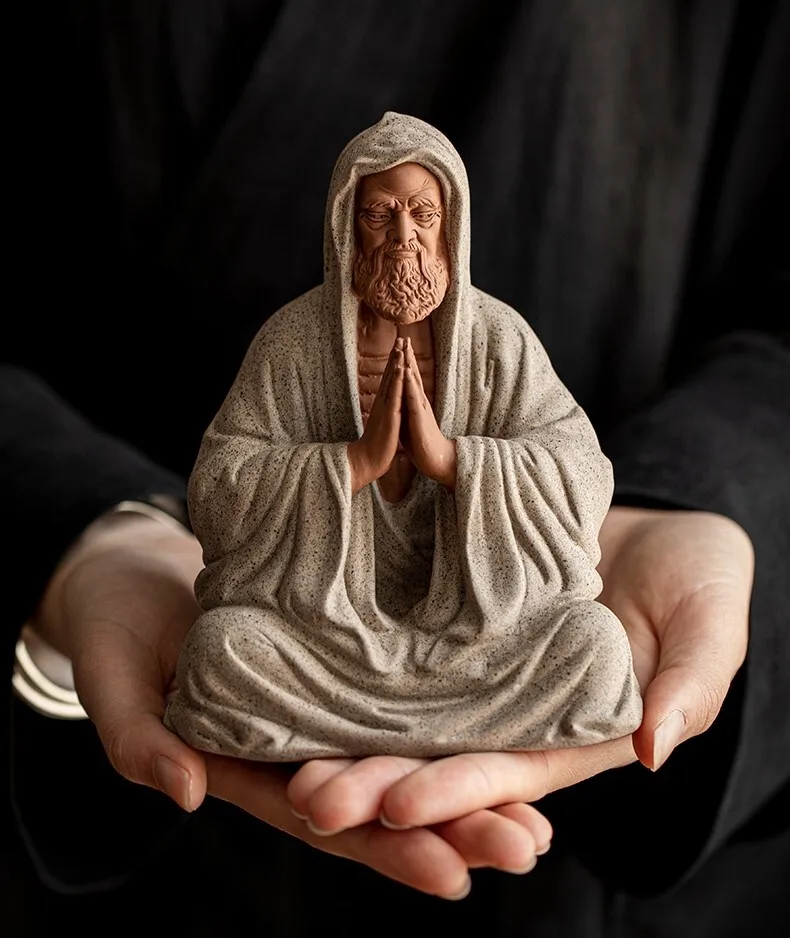 Chinese Zi Sha Sand porcelain Meditation buddha Dharma Statue Old Monk Zen art