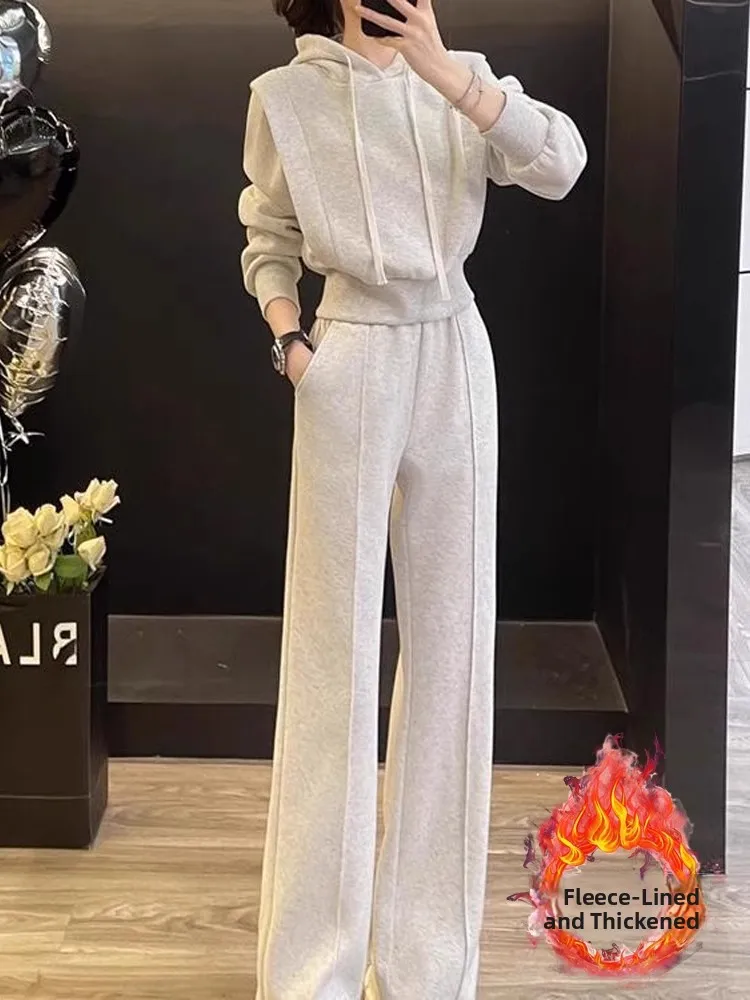 

Thiened Fce Casual Sportswear Set Women's Spring Faion Slimming Young-looking ort Hoodie Wide-leg Pants Two-piece Set
