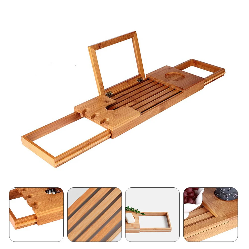 Bamboo and Wood Bathtub Frame Retractable Wooden Tray Rack Storage Bathroom Supplies Household Tablet Holder