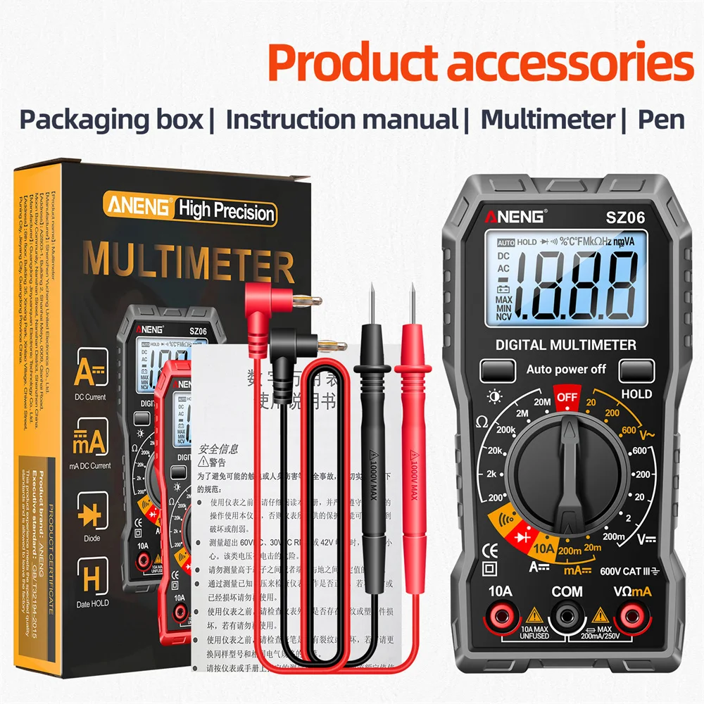 Digitales Multimeter, Spannungsprüfer, Voltmeter, SZ06, SZ308, TRMS, 2000, Zählungen, automatische Bereichswahl, Ohm, Volt, Amperemeter, Messung von AC/DC-Spannung – Detail 11