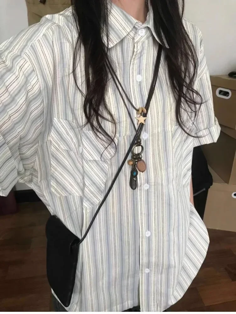 

Японская винтажная синяя полосатая рубашка для женщин, новинка лета 2024, свободная блузка с отложным воротником в стиле Y2K E-Girl, с коротким рукавом, Blusas Mujer