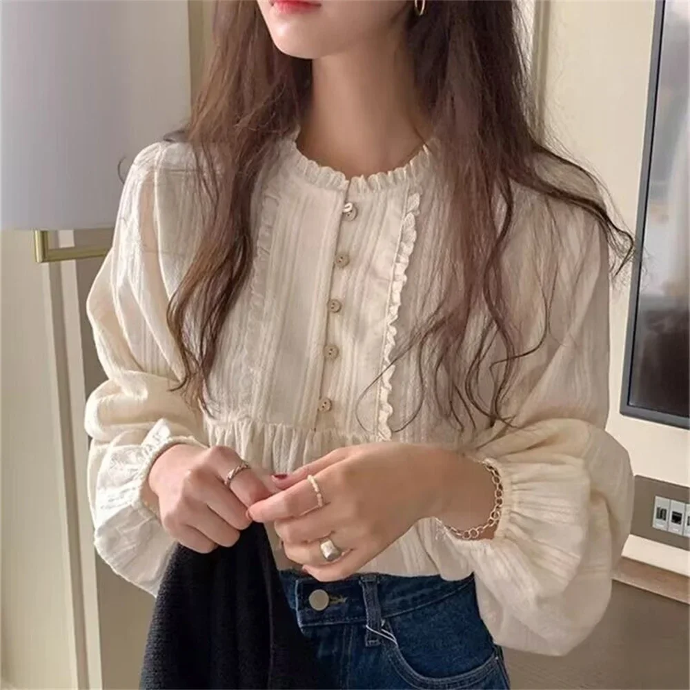 Japanese Korea Design Office Lady Button Elegant Formal White Basic Shirts Blouse Women\'s Ruffles Preppy Style Casual Cute Tops