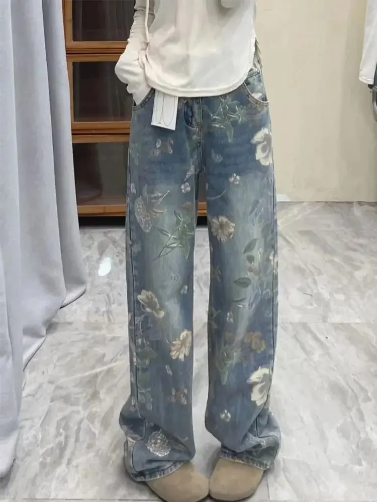 

American Style Niche New Chinese Style National Trend Print Design Jeans Women Loose Straight Floor-length Mopping Long Pants