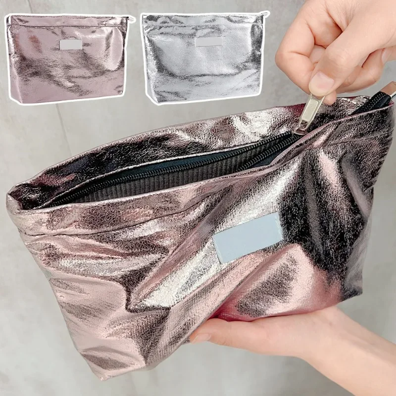 Korean Ins Large Capacity Shining Makeup Bag Premium Silver Women Travel Cosmetic Bags Toiletry Storage Pouch Handbag Fashion