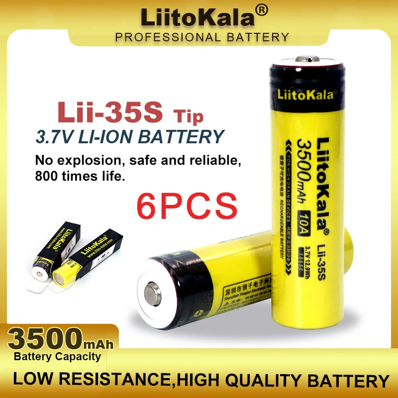 6PCS LiitoKala Lii-35S With Tip 18650 3500mAh 3.7V  Rechargeable Lithium Battery For  Flashlight