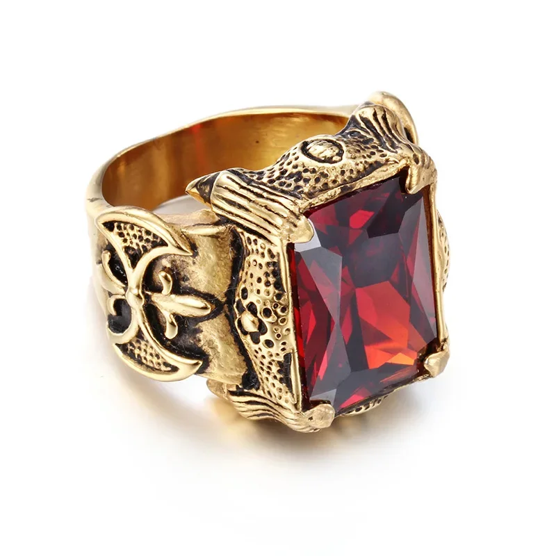 Men's Punk Ring Gold-colour Gothic Stainless Steel Ring Green Purple Clear Red Stone Big Ring Hot Selling Size 8 9 10 11 12 13