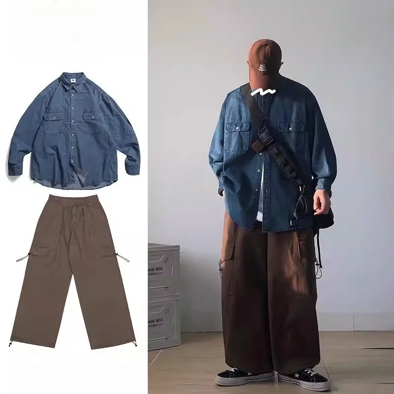

Мужской повседневный комплект из джинсовой рабочей одежды с длинными рукавами, осенний сезон, японский ретро-стиль, синие джинсы, рабочая рубашка, комплект из двух предметов