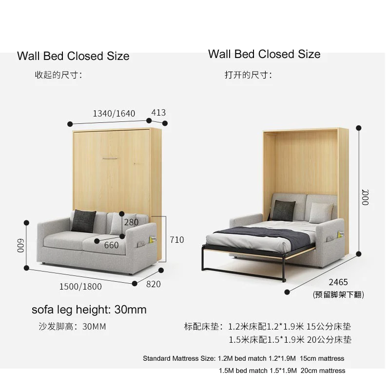 Cama de pared multifuncional con escritorio, muebles de dormitorio, cama King Murphy