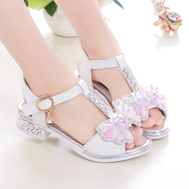 2022 Summer Rhinestone Sandals For Girls Shoes Kids Fashion Sequins Bow Pearls Children Flat Chaussure Fille Sandles Sandalias