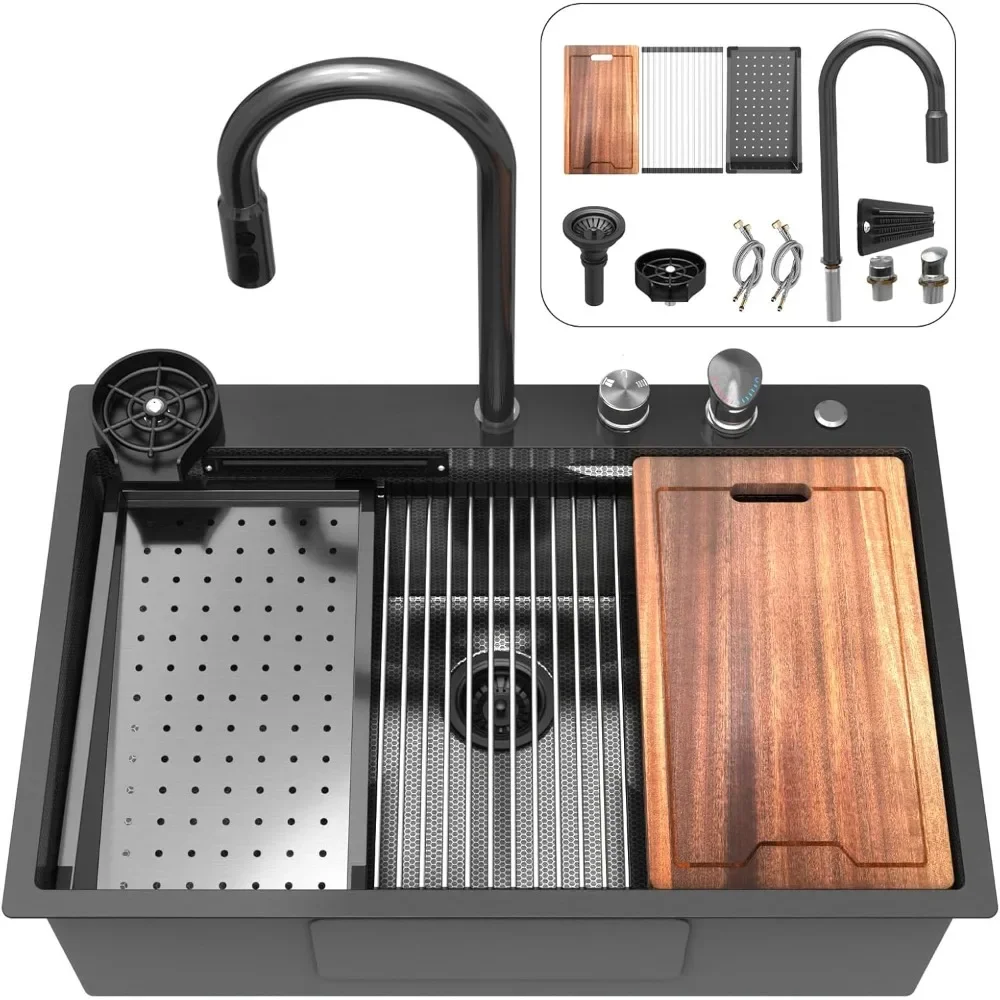 

33 inch Waterfall Kitchen Sink Metal Black -Feibus 33x22x10 Drop In Sink with Faucet Combo Double Step Workstation 16 Gauge