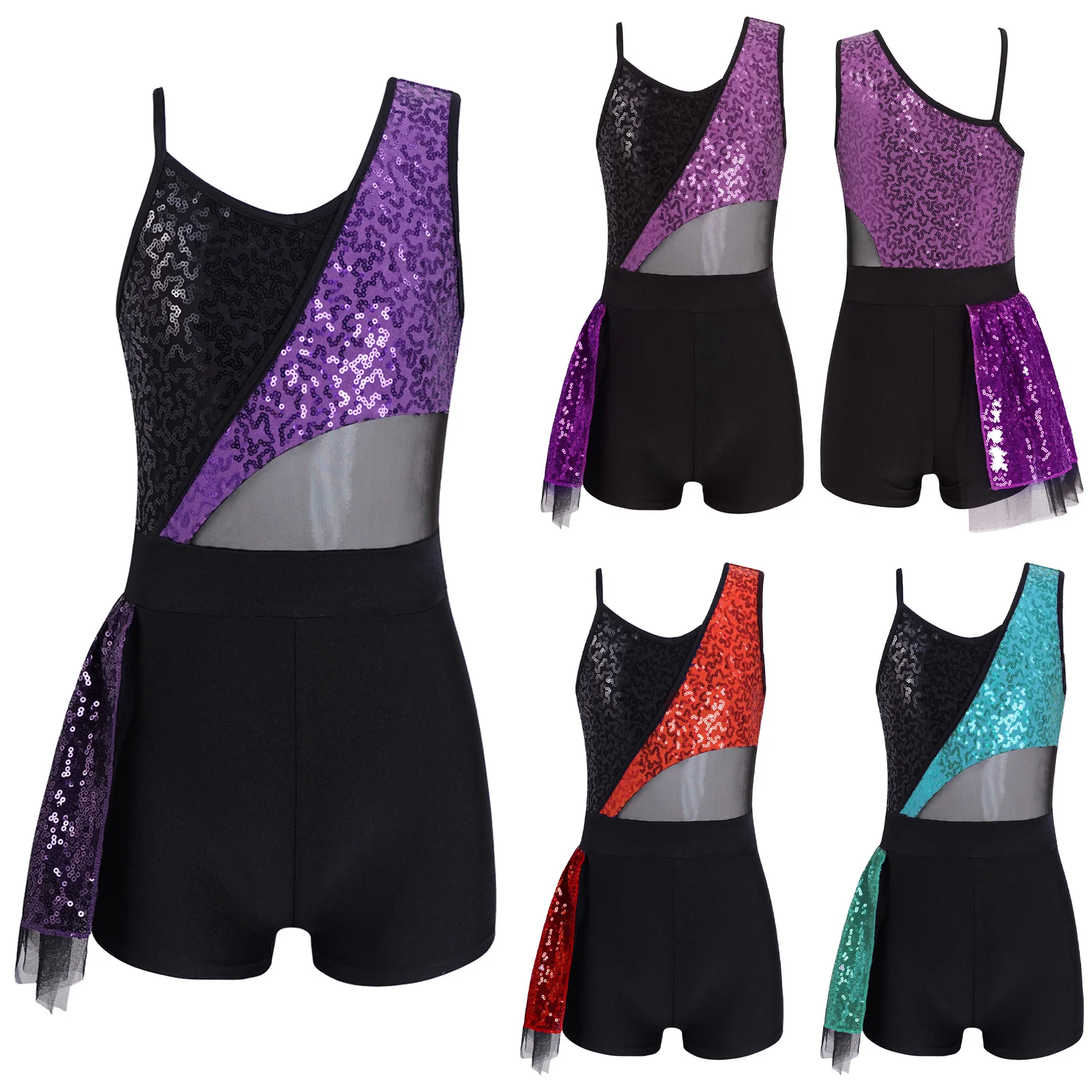 

Kids Girls Ballet Latin Dance Bodysuit Jazz Hip-hop Performance Costumes Sleeveless Sparkling Sequins Mesh Ruffle Hem Leotards
