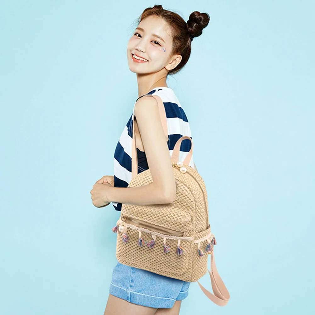 Women Backpack Teen Girls Summer Beach Straw Weave Tassel Backpackk Female Casual Shoulder School Bag,Khaki