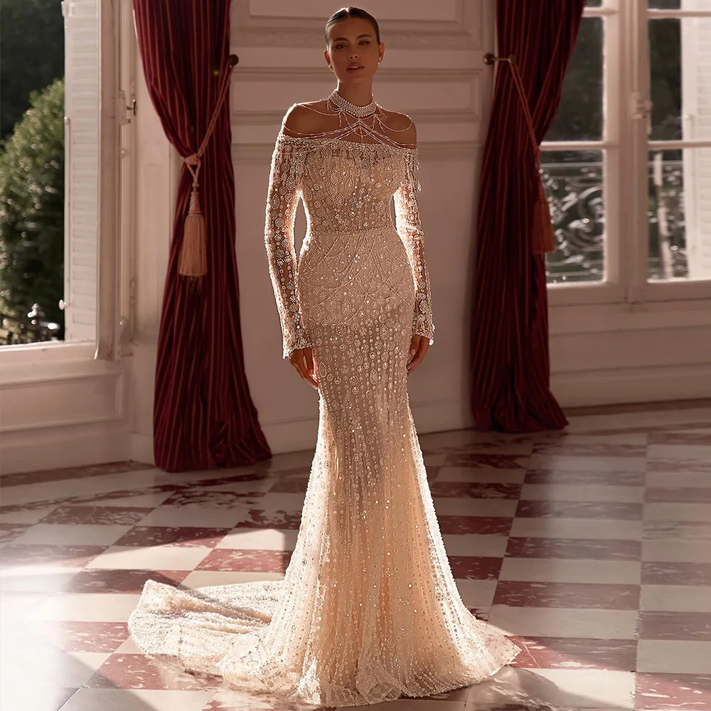 

Elegant Customized Boat Neck Long Sleeves Wedding Dress Exquisite Beading Pearls Bridal Gowns Charming Mermaid Vestido De Novia