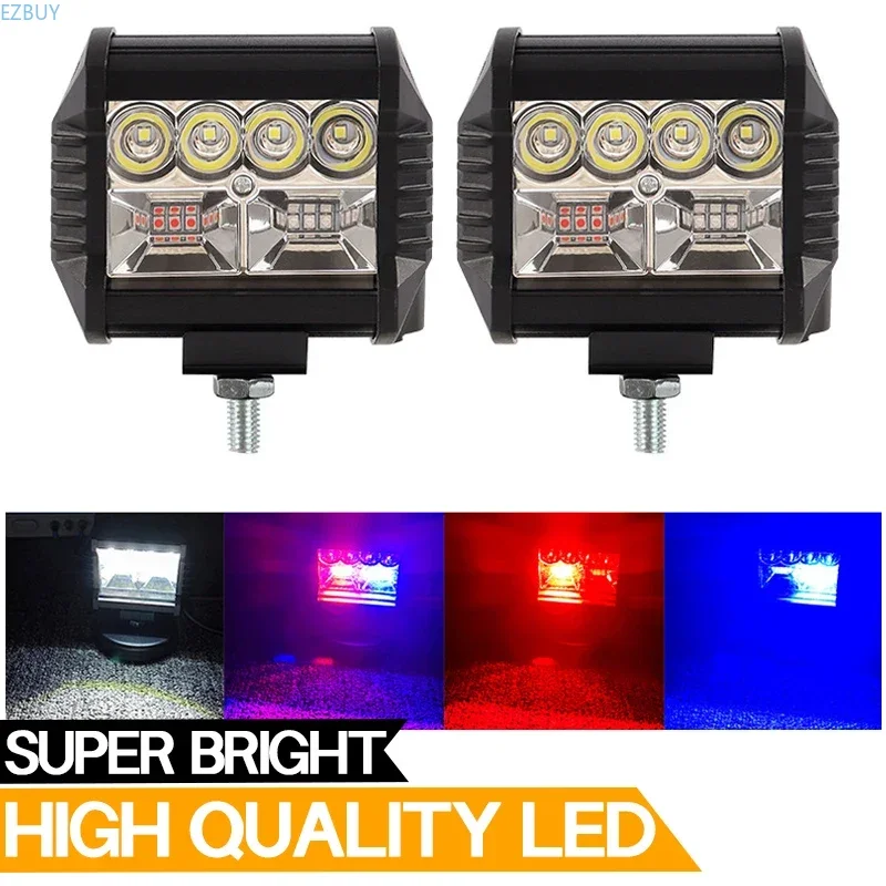 車用led作業灯、4インチ、赤と青の光を集中させた点滅機能付き、オフロード車用、改造用スポットライト。