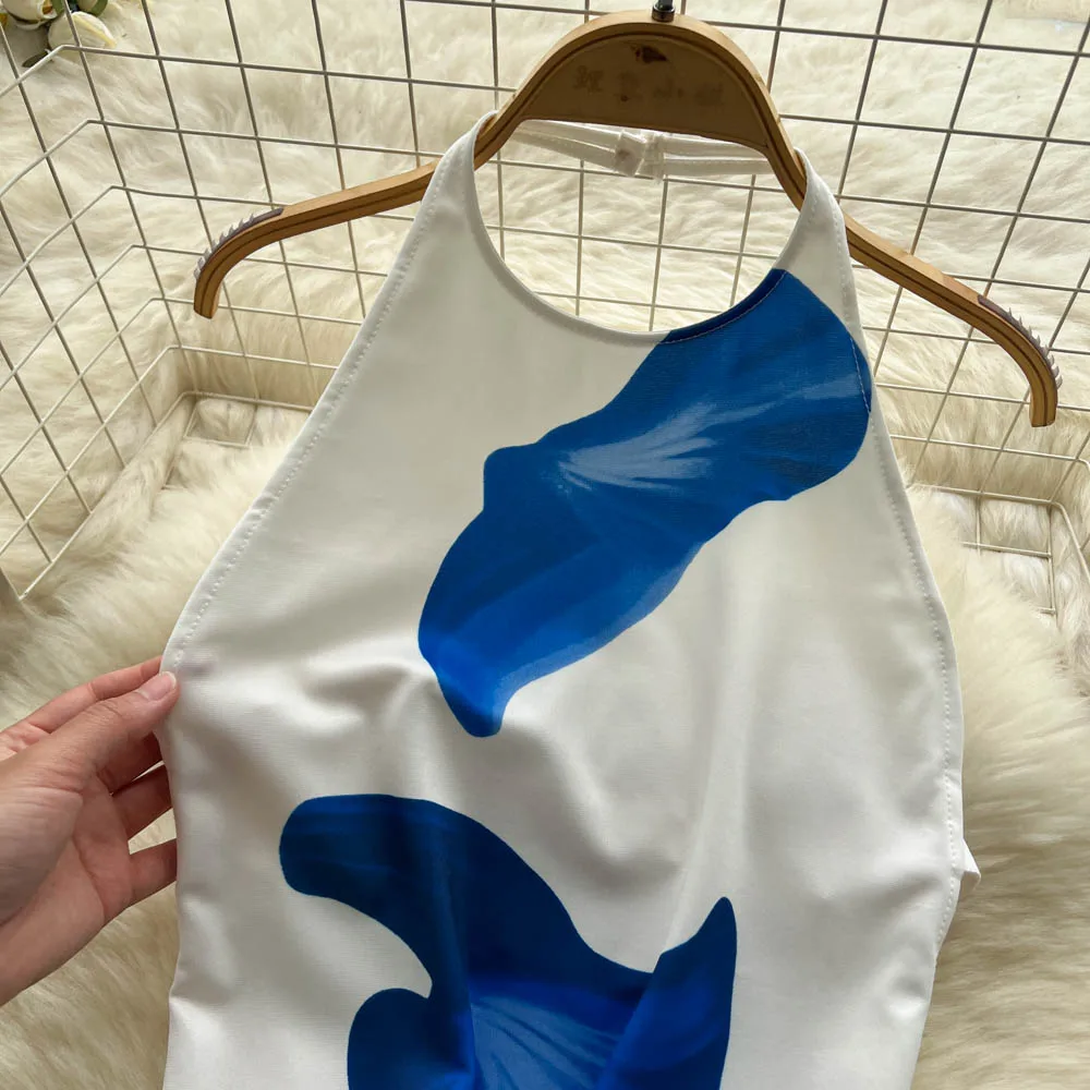 Gaun pensil tanpa lengan motif seksi antik pakaian wanita liburan Fairycore pantai musim panas yang Chic Set dua potong