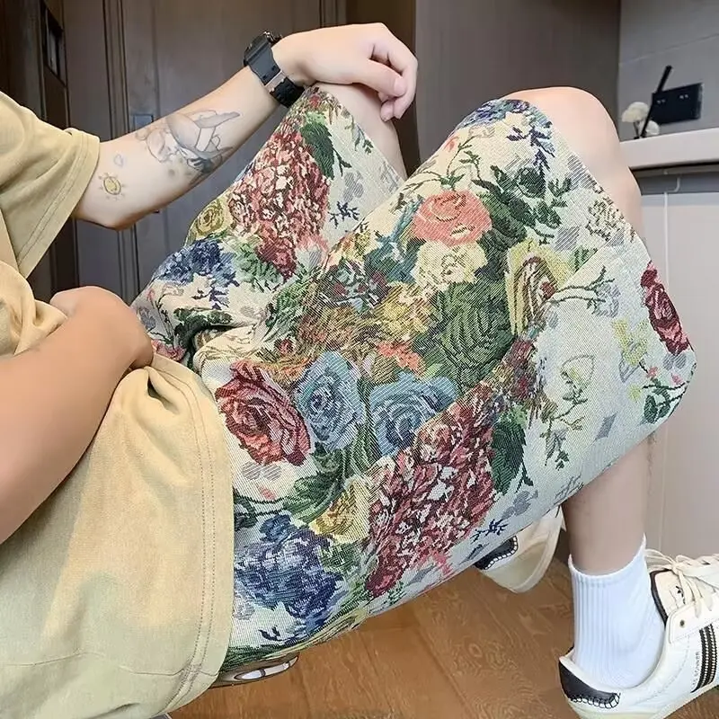 

Summer 2024 Men's Trendy Short Pants Embroidered Straight Leg Beach Casual Cool Polyester Fiber Anti-Wrinkle Five-Quarter Length