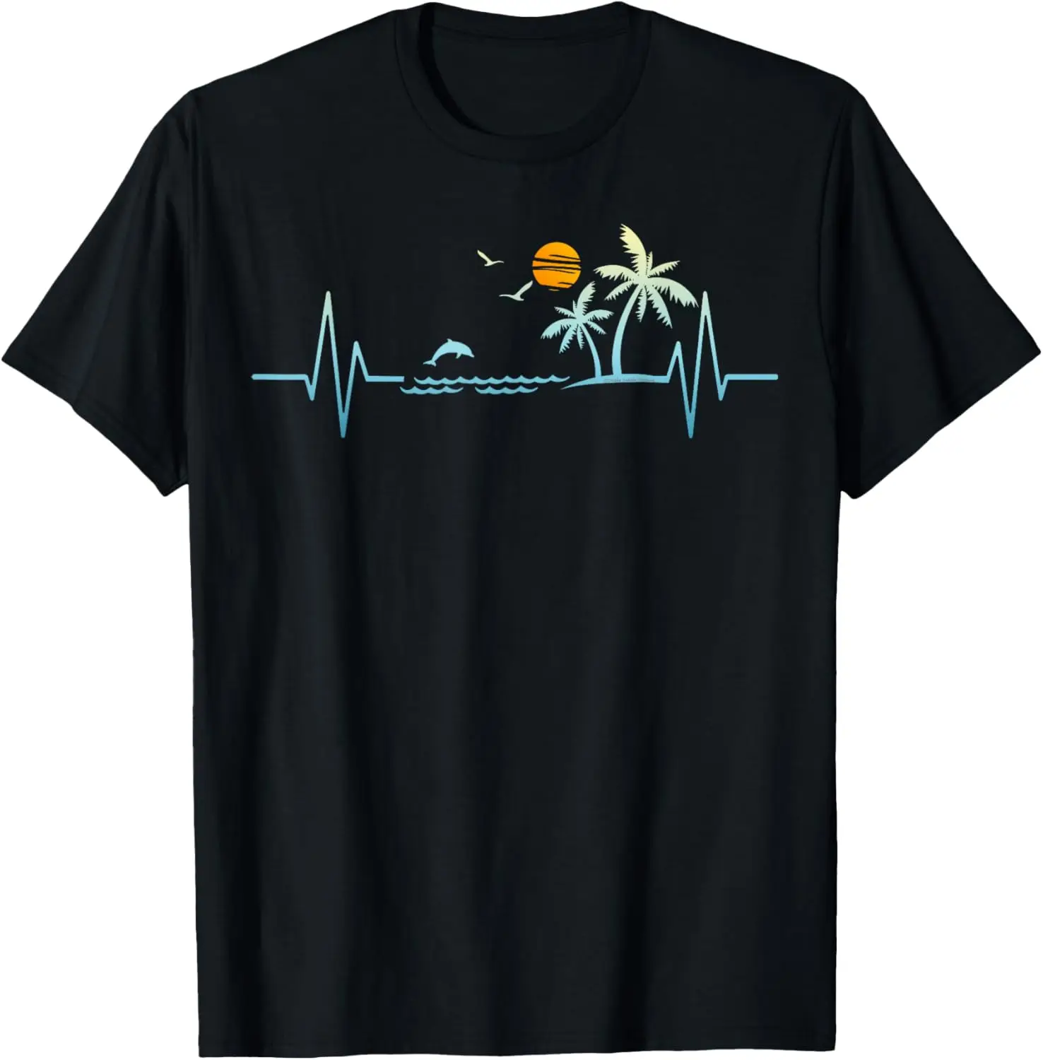 Heartbeat with Tropical Palm Trees Beach Island Sunset T-Shirt