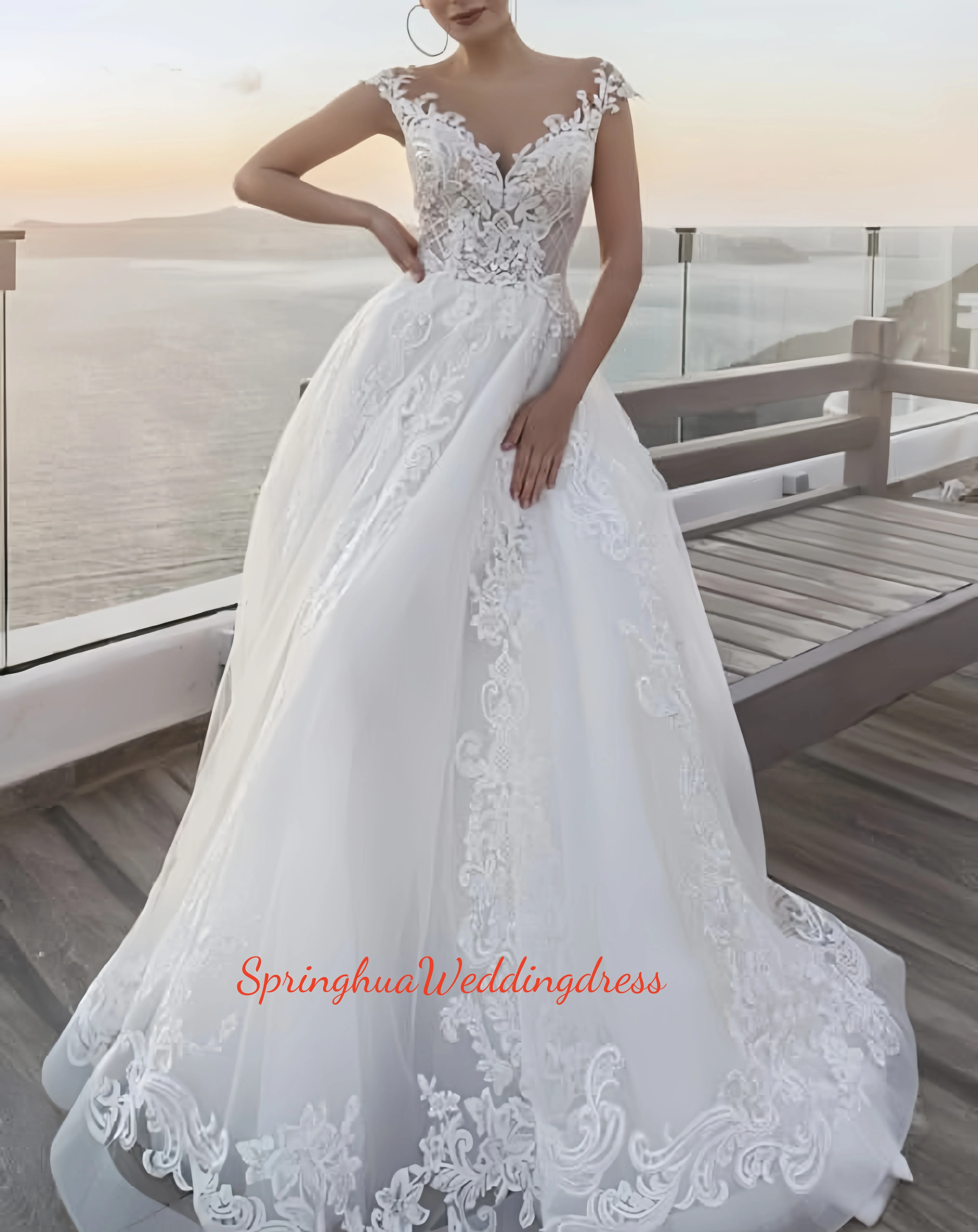 

Custom-made elegant wedding dress for brides: sleeveless V-neck chiffon dress