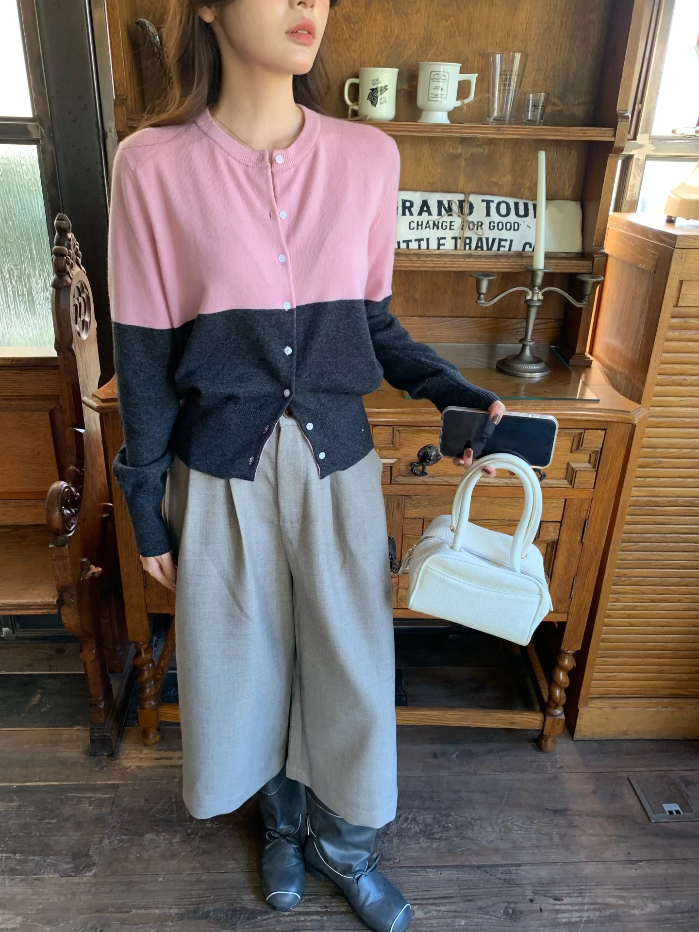 

RREPEAT2025 Осенне-зимний кардиган с цветными вставками, женский универсальный облегающий топ, милый свитер с круглым вырезом