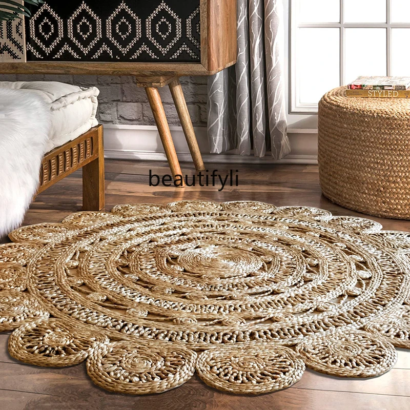 Indian Jute Hand-Woven round Carpet Nordic Style Sofa and Tea Table Bedroom Mat