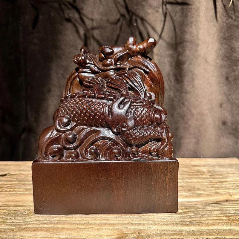 Ebony Jade Ornament Solid Wood Carved Large Square Wooden Dragon Head Official Engraving Seal Carving