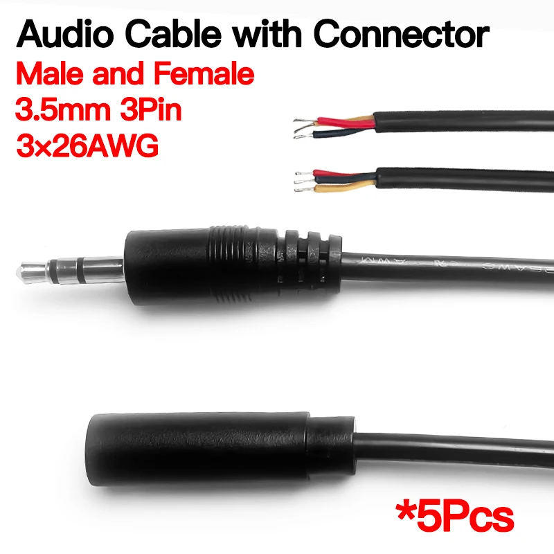

3.5mm Universal Audio Cable 5PCS 3X26AWG, Stereo Aux Cord for Car Speakers/Headphones, High-Quality Wire