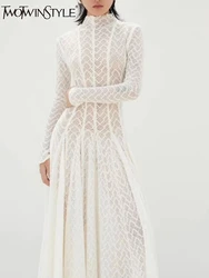 TWOTWINSTYLE Solid Slimming Spliced Ruffles Dresses for Women Round Neck Long Sleeves Patchwork Hollow Out Dress Female Clothing