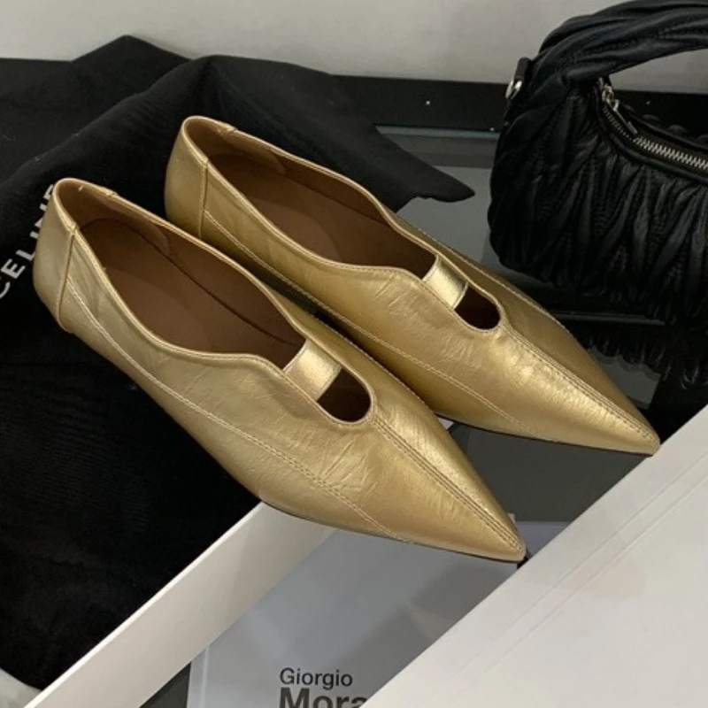 

Золотая элегантная офисная женская обувь, модные туфли-лодочки с острым носком, удобная повседневная обувь на мелкой подошве, дизайнерская женская обувь на плоской подошве