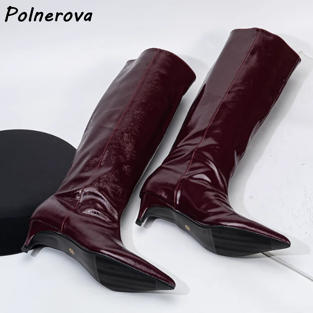 Burgundy Kitten Heels Boots Pointy Toe Leather Elegant Slip On Solid Knee High Boots Winter Women's Leisure Warm All Match Shoes