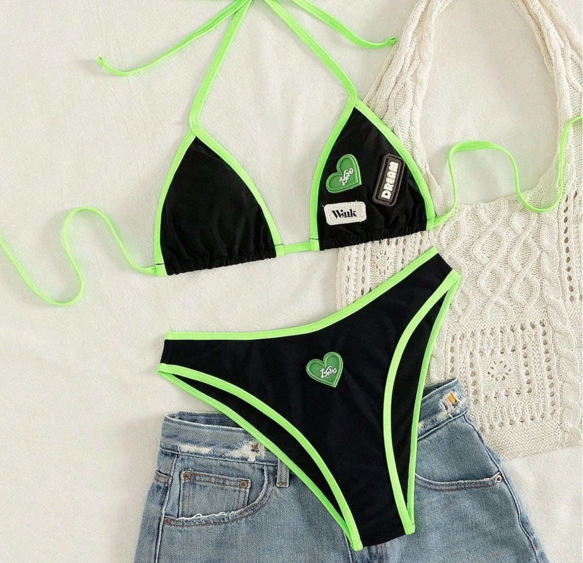 Y2K Cute Contrast Binding Bikinis Set Swimsuit Halter Tie‑Up Triangle Heart Letter Patches High‑Leg Women Vacation Beachwear