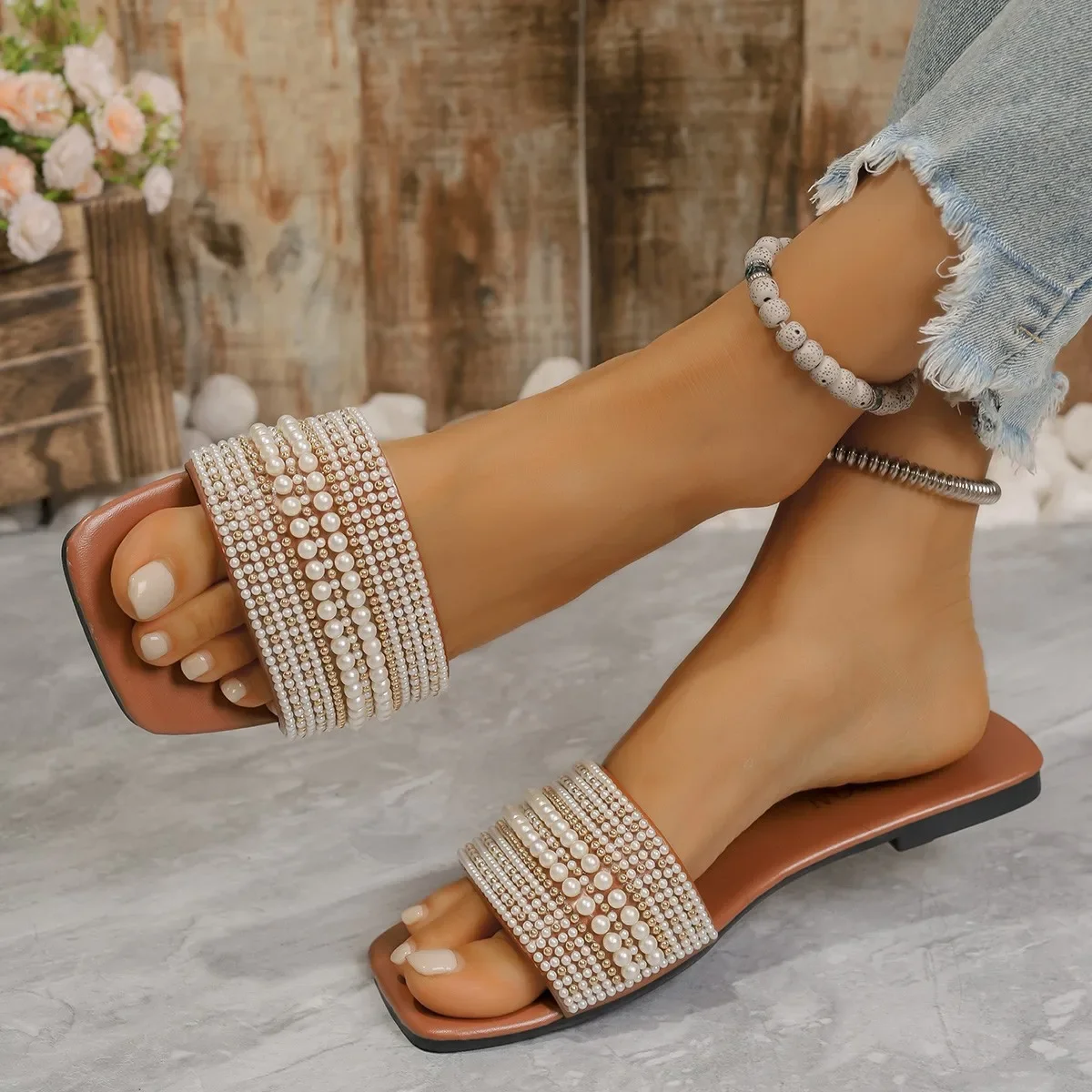 Women Luxury Pearl Slippers 2024 Summer Square Toe Flats Slides Sandals Woman Comfortable Non Slip Beach Flip Flops Big Size 43