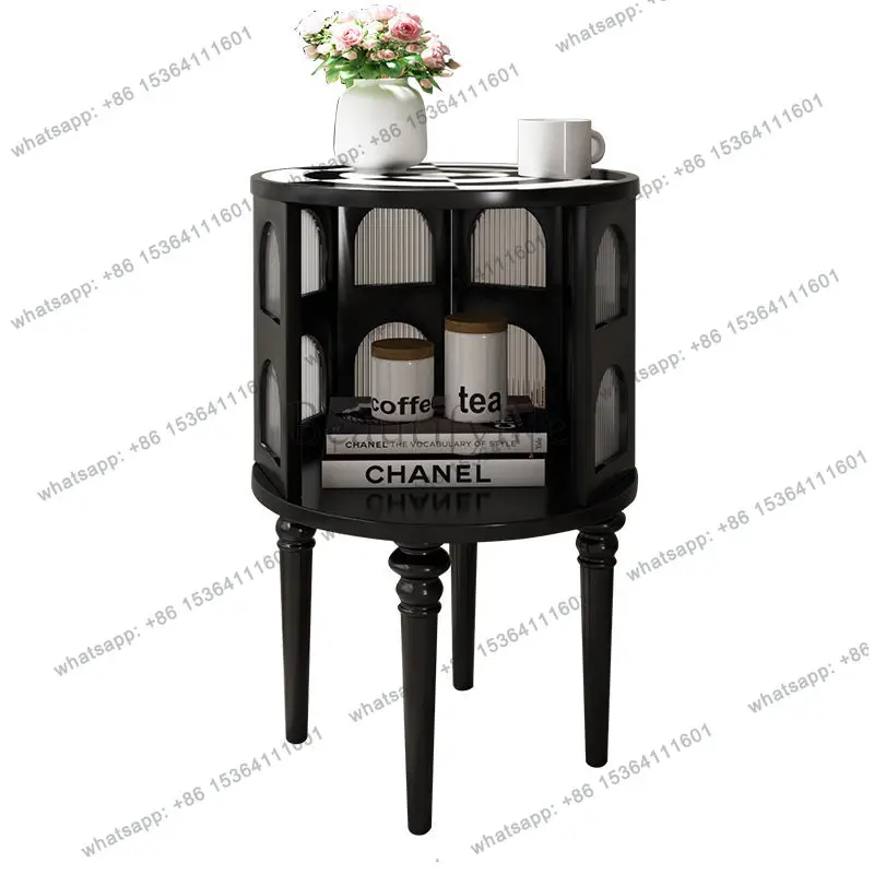 

Full solid wood round French style checkerboard locker bedside decoration black gold Roman retro small table