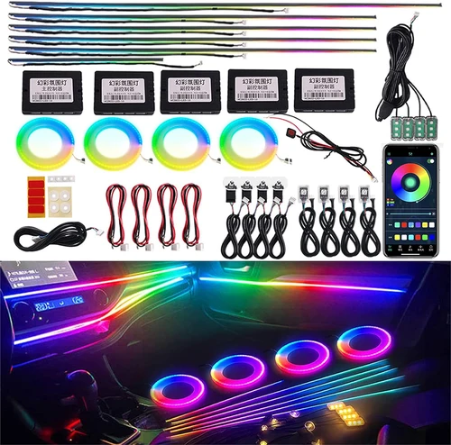 Luz ambiental para coche 18 en 1 RGB 64 colores sinfonía Interior guía acrílica tira de fibra decoración luz de ambiente con Control por aplicación