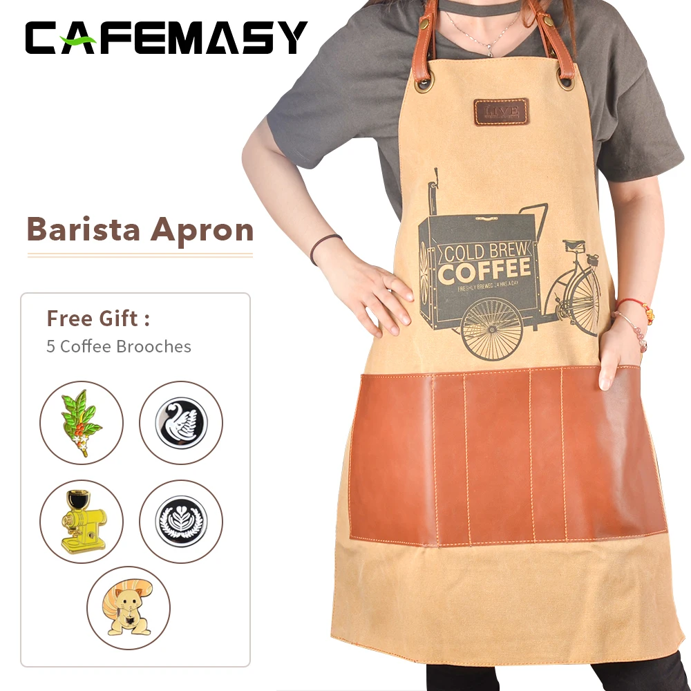 CAFEMASY New Fashion Denim Canvas Barista Aprons Woman Men Barista Work Aprons With Free Gifts Brooches Coffee Accessories